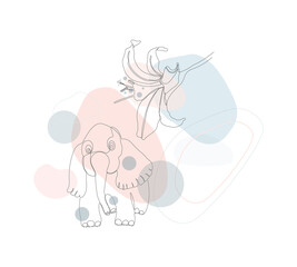 Fototapeta premium Cute baby elephant pink. Cartoon vector illustration drawing in the style of line art of the silhouette of an animal on abstract background. Birthday greeting card