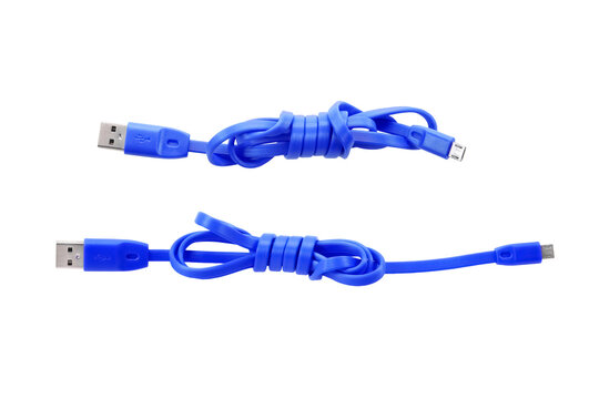 Blue Cable connector micro-USB to USB on white background with clipping path