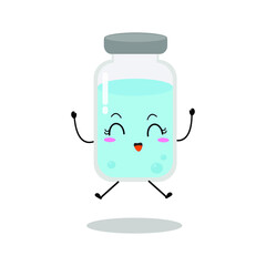 Cute vector of vaccine bottle character. Vaccination fight coronavirus (2019-nCoV), Alcohol gel for against COVID-19, Protection from viruses attack, happy, jump, isolated on white background 