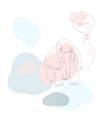 Modern drawing with a continuous line art of the silhouette of a cute baby elephant with a heart balloon and the inscription love. Vector illustration on the background of abstract figures