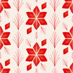 Vector red flower poinsettia ecru seamless pattern