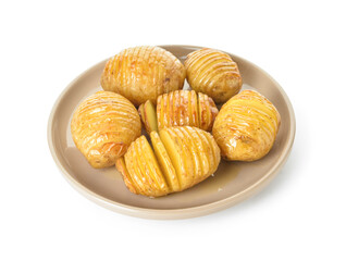 Plate with baked potato on white background
