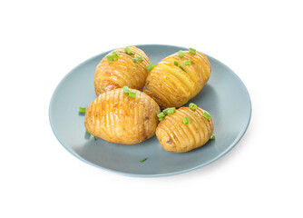 Plate with baked potato on white background