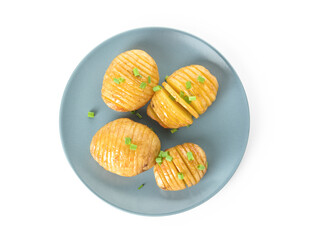 Plate with baked potato on white background