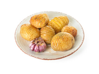 Plate with baked potato on white background