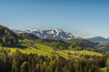 Bauernhöfe und Wiesen im Appenzellerland mit Blick auf  den schneebedeckten Säntis, Kanton Appenzell Außerrhoden, Schweiz