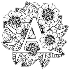 Mehndi flower for henna, mehndi, tattoo, decoration. decorative ornament in ethnic oriental style. doodle ornament. coloring book page.