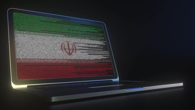 Laptop and source code on the screen composing flag of Iran. National information technology related 3d animation