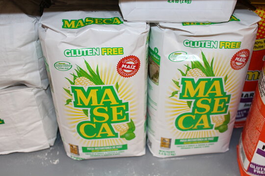MESECA Mexican corn meal shot closeup that's on a metal shelf at a Walmart store in Hutchinson Kansas USA.