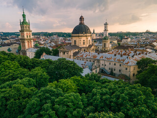 aerial view of lviv city at summer time