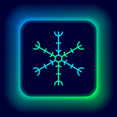 Glowing neon line Snowflake icon isolated on black background. Colorful outline concept. Vector