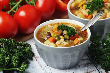 Bowls with Italian soup minestrone