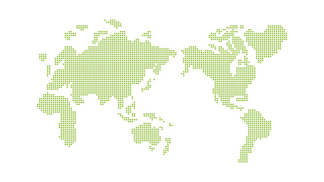 世界地図 簡略ドットイラスト。デジタルイメージ（緑ドット、白背景）