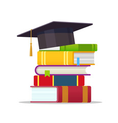 Graduation cap and stack of books isolated flat vector illustration. Academic and school knowledge, education and graduation. Reading, encyclopedia. Template for books Shop advertising