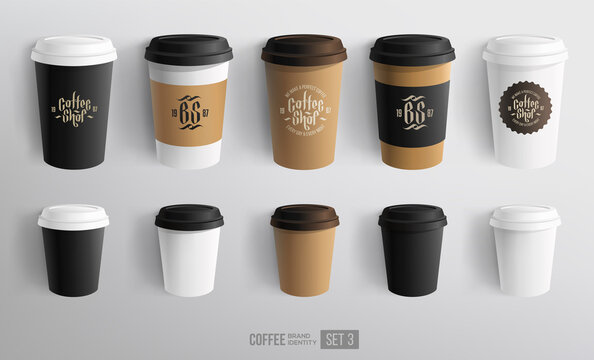 Set of Coffee Cup mockup template for t brand identity design. Black, White, Brown cardboard Coffee Cup Mockup. Disposable plastic and paper tableware vector template for Hot Drinks