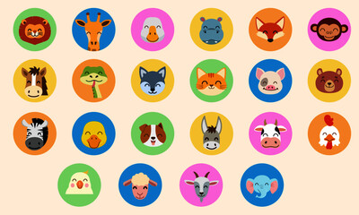 cartoon icon pack Flat headed wild animals and pets vector  illustration