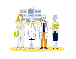 病院で働く人々と病院のイラストベクター