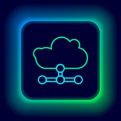 Glowing neon line Network cloud connection icon isolated on black background. Social technology. Cloud computing concept. Colorful outline concept. Vector