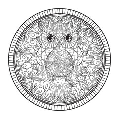 Mandala with owl. Zentangle. Hand drawn abstract patterns on isolation background. Design for spiritual relaxation for adults. Zendala. Outline for tattoo, printing on t-shirts, posters. Zen art