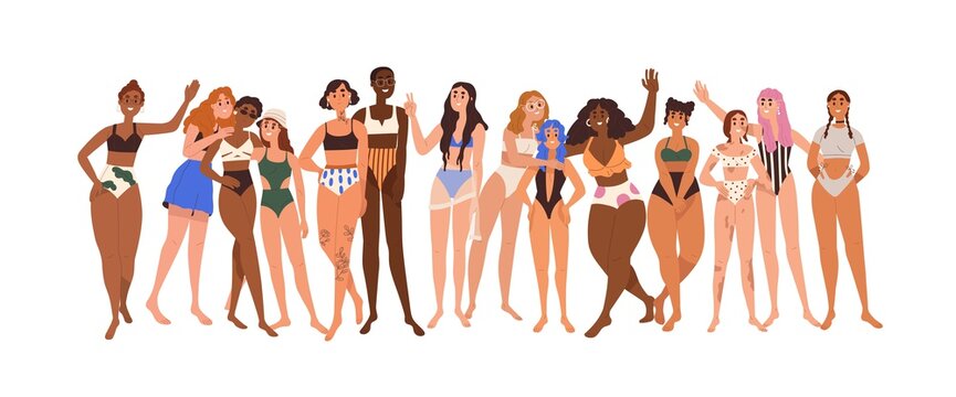 Women body positivity and diversity concept. Line of diverse happy woman in swimwear. Mixed females of different skin color, race and beauty. Flat vector illustration isolated on white background