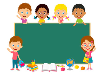 cute cartoon kids and school blackboard