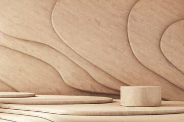 Wooden cylinder platform on curve stacked free form wooden panel background, abstract background for presentation or branding. 3d rendering