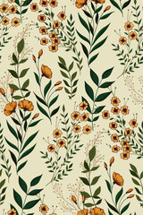 Vintage print with various wildflowers and herbs. Seamless botanical pattern on a light background. Vector illustration.
