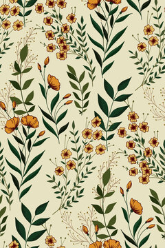 Vintage print with various wildflowers and herbs. Seamless botanical pattern on a light background. Vector illustration.