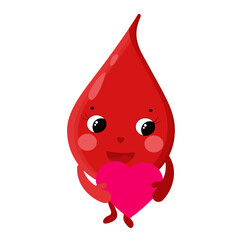 A cute drop of blood with legs and arms holds hearts in his hands. The concept of the importance of donating blood. Monitoring your heart health