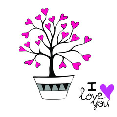 hand-drawn love tree. Red hearts instead of leaves. Decoration for bags, tunics, dresses, postcards and declarations of love. Vector