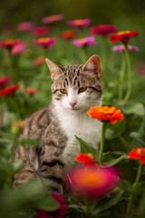 Photo of a striped cat in flowers.