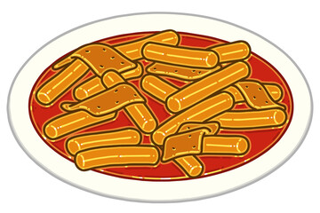 Tteokbokki. This is a popular Korean food made from small-sized garae-tteok (long, white, cylinder-shaped rice cakes). Vector illustration.
