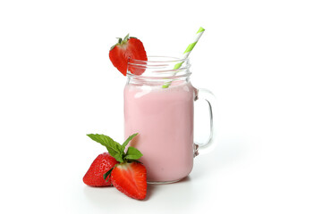 Glass jar of strawberry milkshake and ingredients isolated on white background