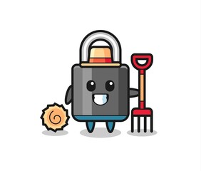 Fototapeta premium Mascot character of padlock as a farmer