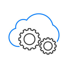 Trabajo en equipo. Logotipo nube con engranajes con lineas en color azul y gris