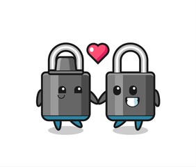 padlock cartoon character couple with fall in love gesture