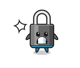 padlock character cartoon with shocked gesture