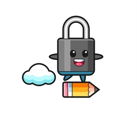 padlock mascot illustration riding on a giant pencil