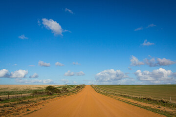 Fototapeta na wymiar オーストラリア　西オーストラリア州にあるハット・リバー公国の広大な小麦畑と一本道