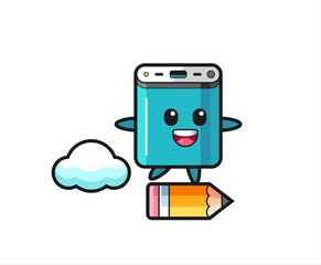 power bank mascot illustration riding on a giant pencil