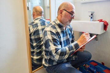 Handwerker schreibt Kostenvoranschlag für Reparatur