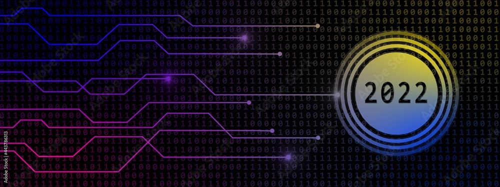 Poster new year 2022 - digits on button beside information connecting lines on binary code background - 3d 