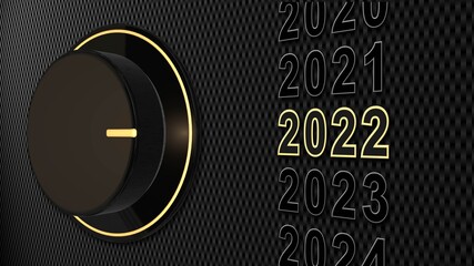 2022 New Year change - rotary switch points on scale with year digits to number 2022 - 3D illustration on structured dark background