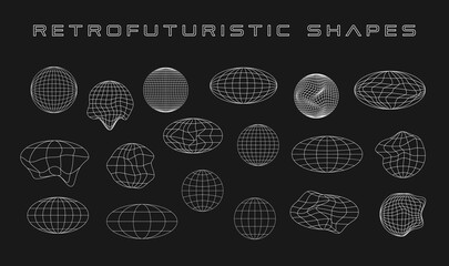 Retrofuturistic collection of cyber shapes. Set of cyberpunk planet shapes. Trendy design elements. Wireframe ellipse shapes. Design elements for poster, cover, flyer in 80s style. Vector
