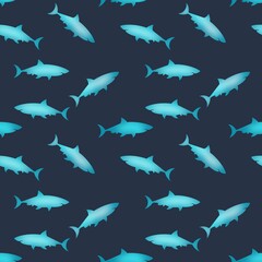 Light blue sharks on dark blue background hand drawn digital illustration seamless pattern