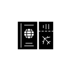 Passport and travel ticket vacation icon in solid black flat shape glyph icon, isolated on white background 