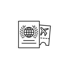 Passport and travel ticket vacation icon in flat black line style, isolated on white background 