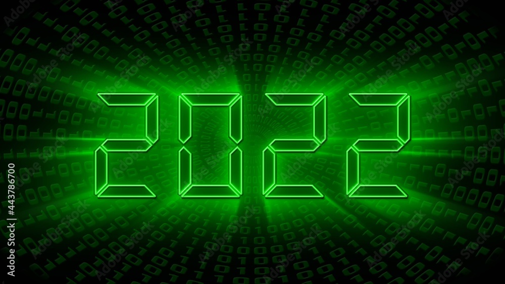 Poster year change 2022 - glowing green year digits in digital font - abstract background of binary code in