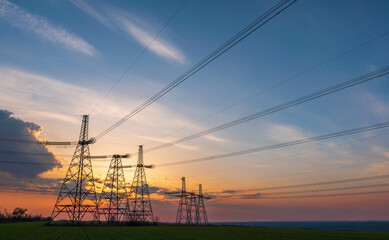 Fototapeta premium high voltage lines and power pylons in a green agricultural field against a saturated sunset sky