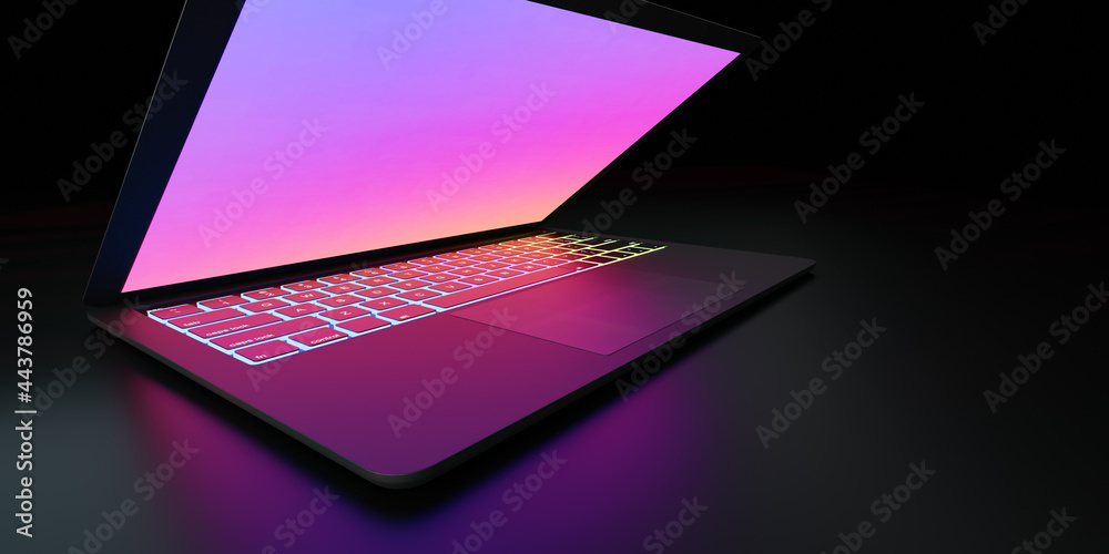 Fototapete 3D rendering illustration. Wide angle of Laptop computer with colorful screen and keyboard place in the darkroom and purple lighting. Image for presentation.